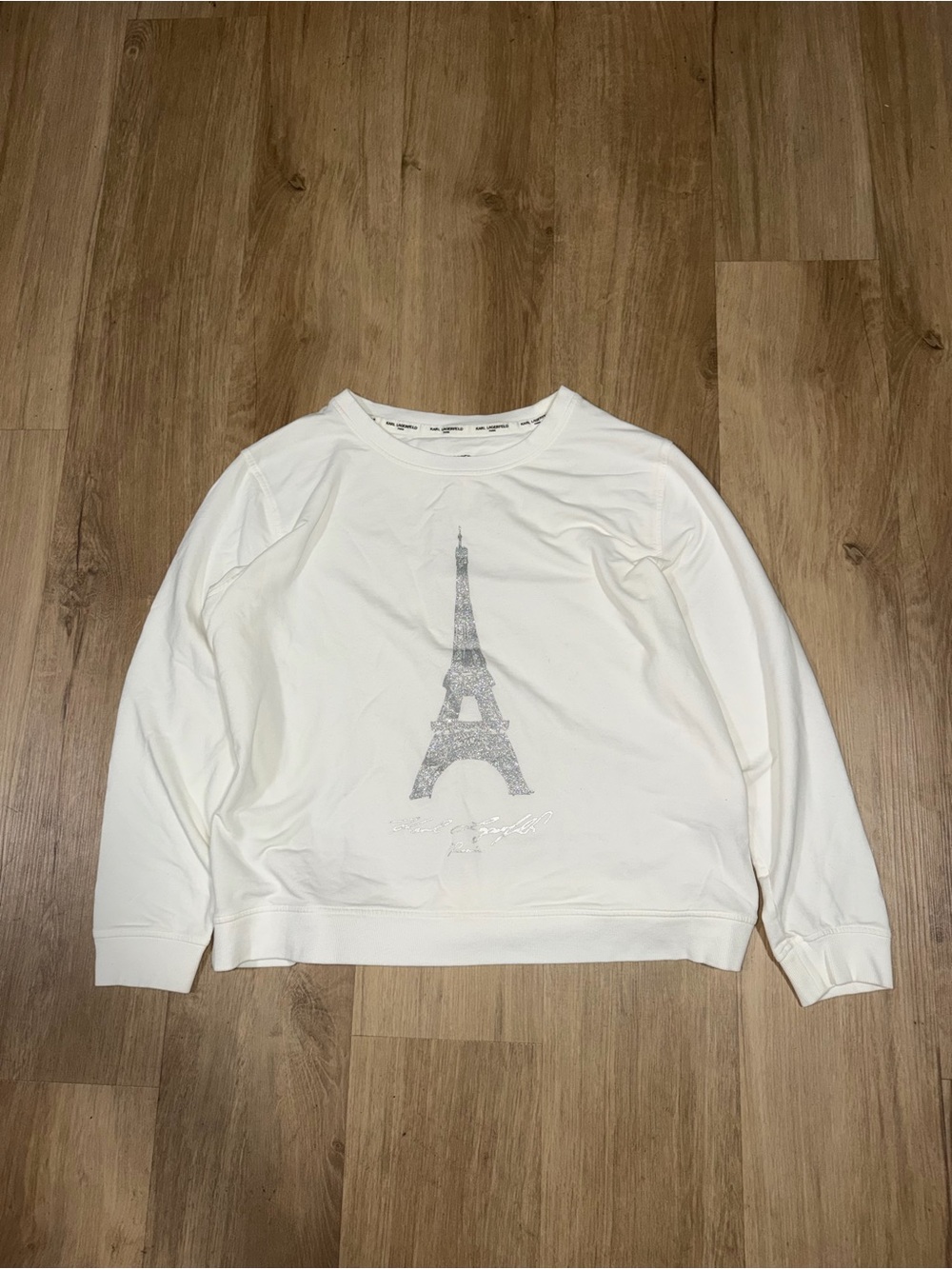 Karl Lagerfeld Ivory Crewneck Sweatshirt with Silver Eiffel Graphic